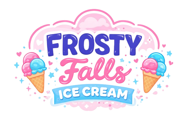 Colorful ice cream cones, clouds, and stars surround the text 'Frosty Falls Ice Cream' on a black background.