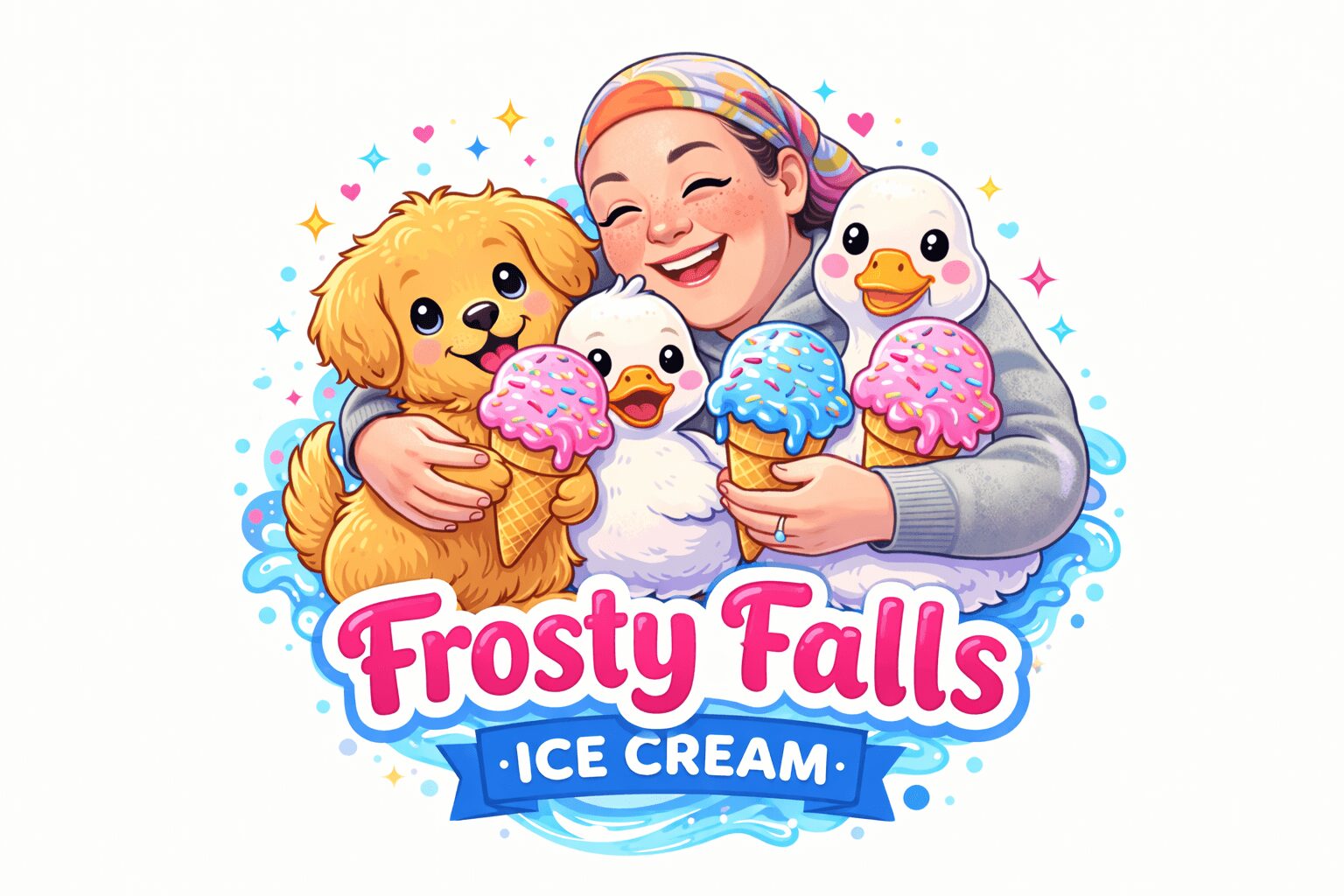 A smiling woman with three ducks and a puppy holding colorful ice cream cones, with a snowy background and Frosty Falls logo.