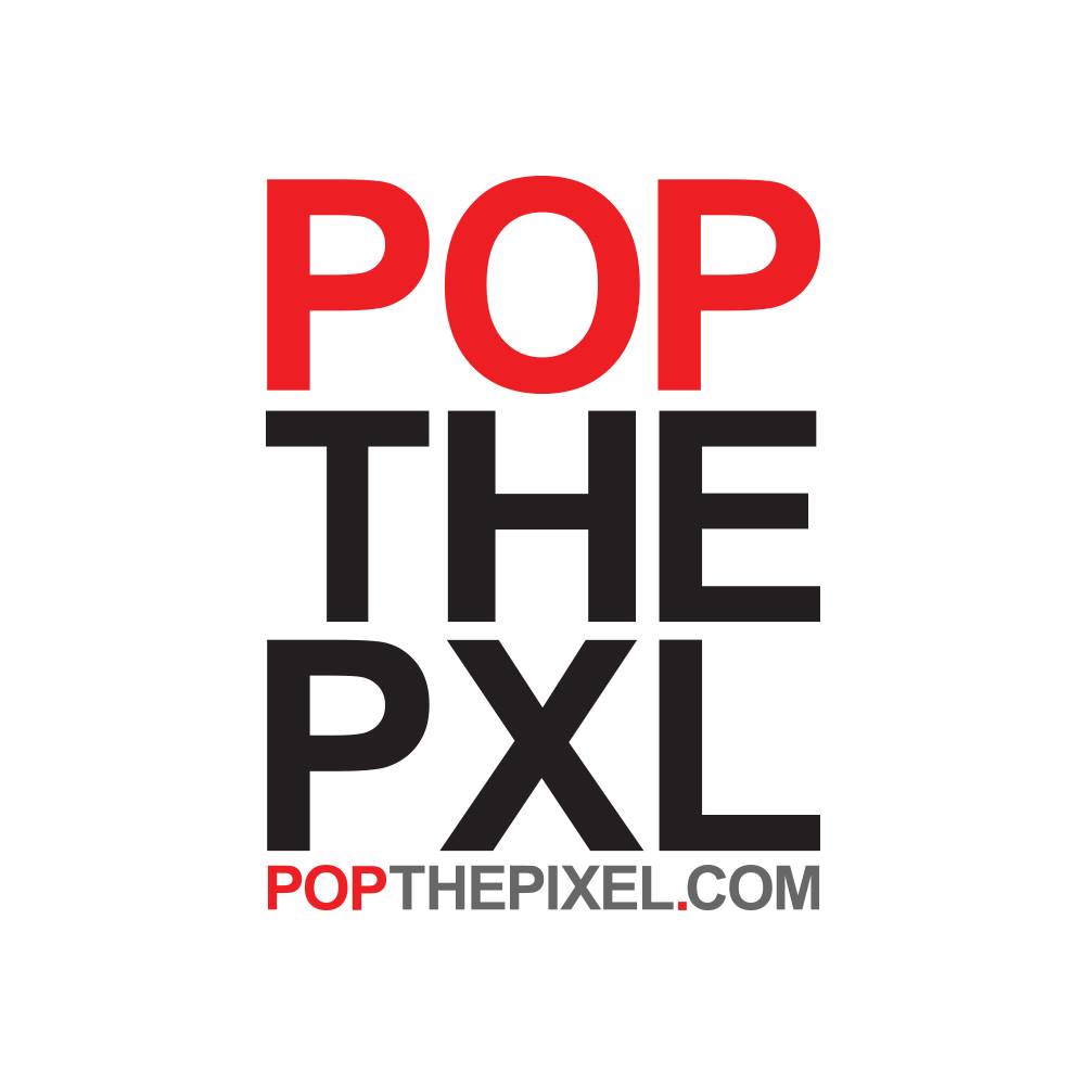 Text reads 'POP THE PXL' with a website URL below, in red and black on a white background.