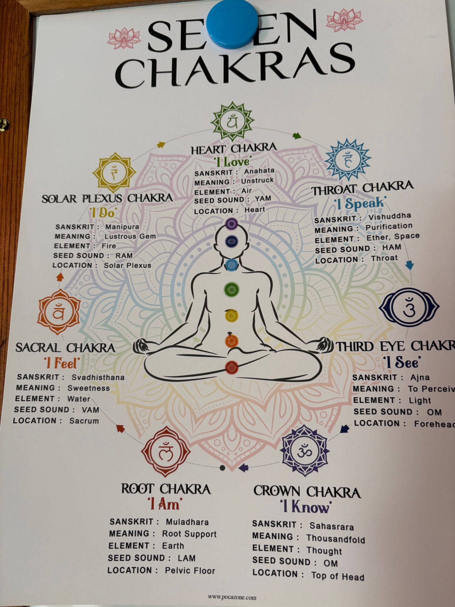 Diagram of a person sitting cross-legged with colored points on body, surrounded by labels and symbols related to chakras.