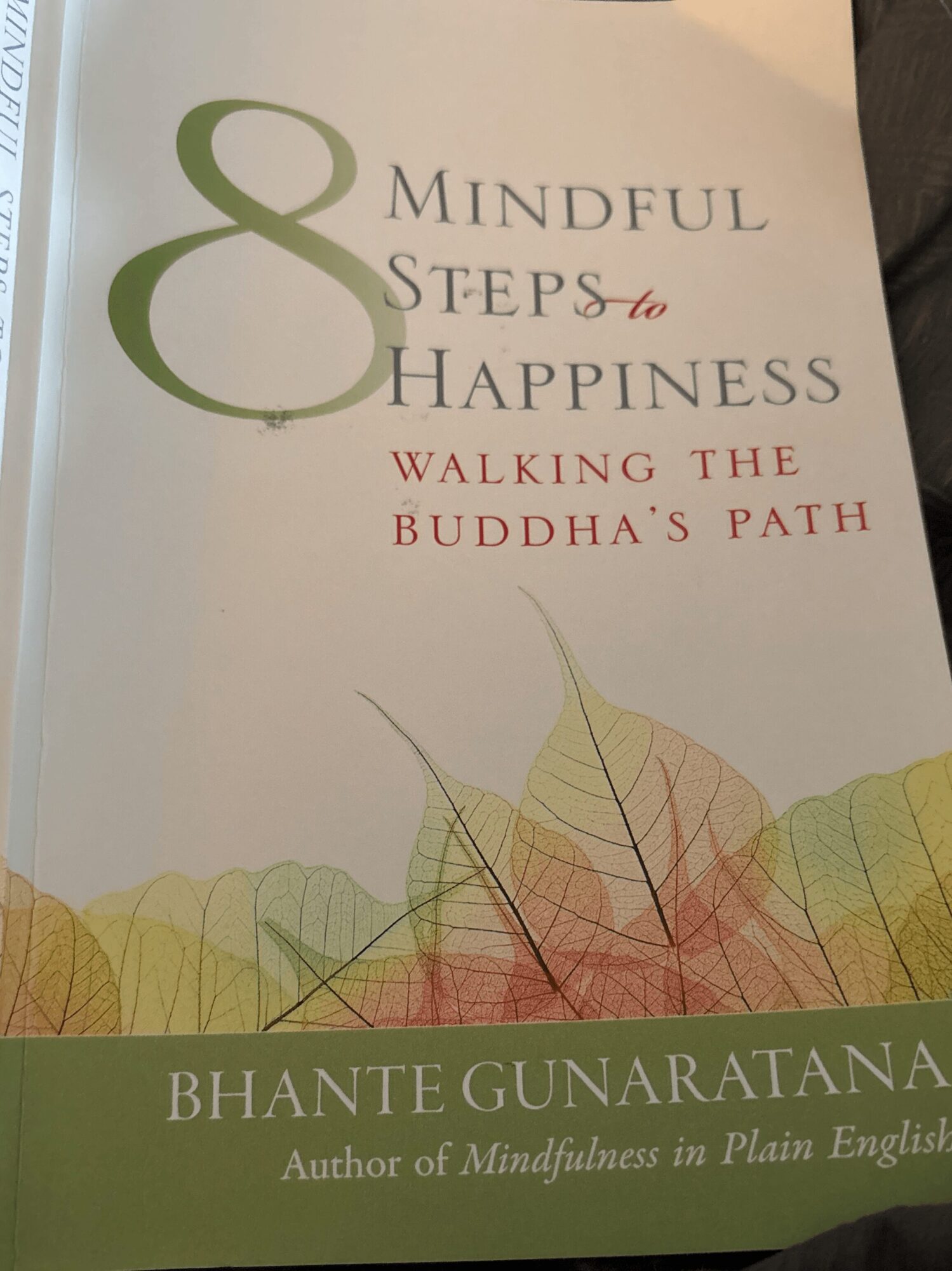 Book cover with title 'Mindful Steps to Happiness' and subtitle 'Walking the Buddha's Path', featuring leaves illustration.