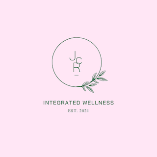 Logo with initials J, C, R inside a circle with a leaf, text reads 'INTEGRATED WELLNESS EST. 2021', on a light pink background.