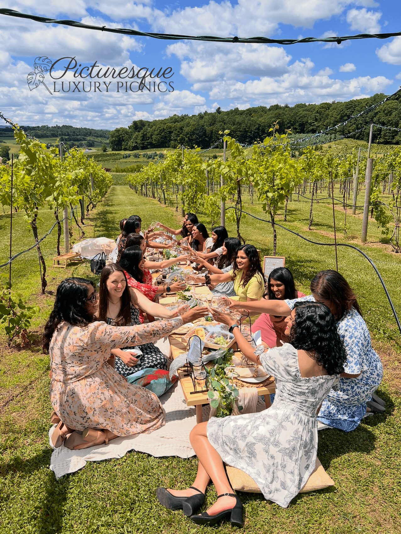Group of women having a picnic at a vineyard under a blue sky with clouds, sitting on a blanket, holding hands, smiling.