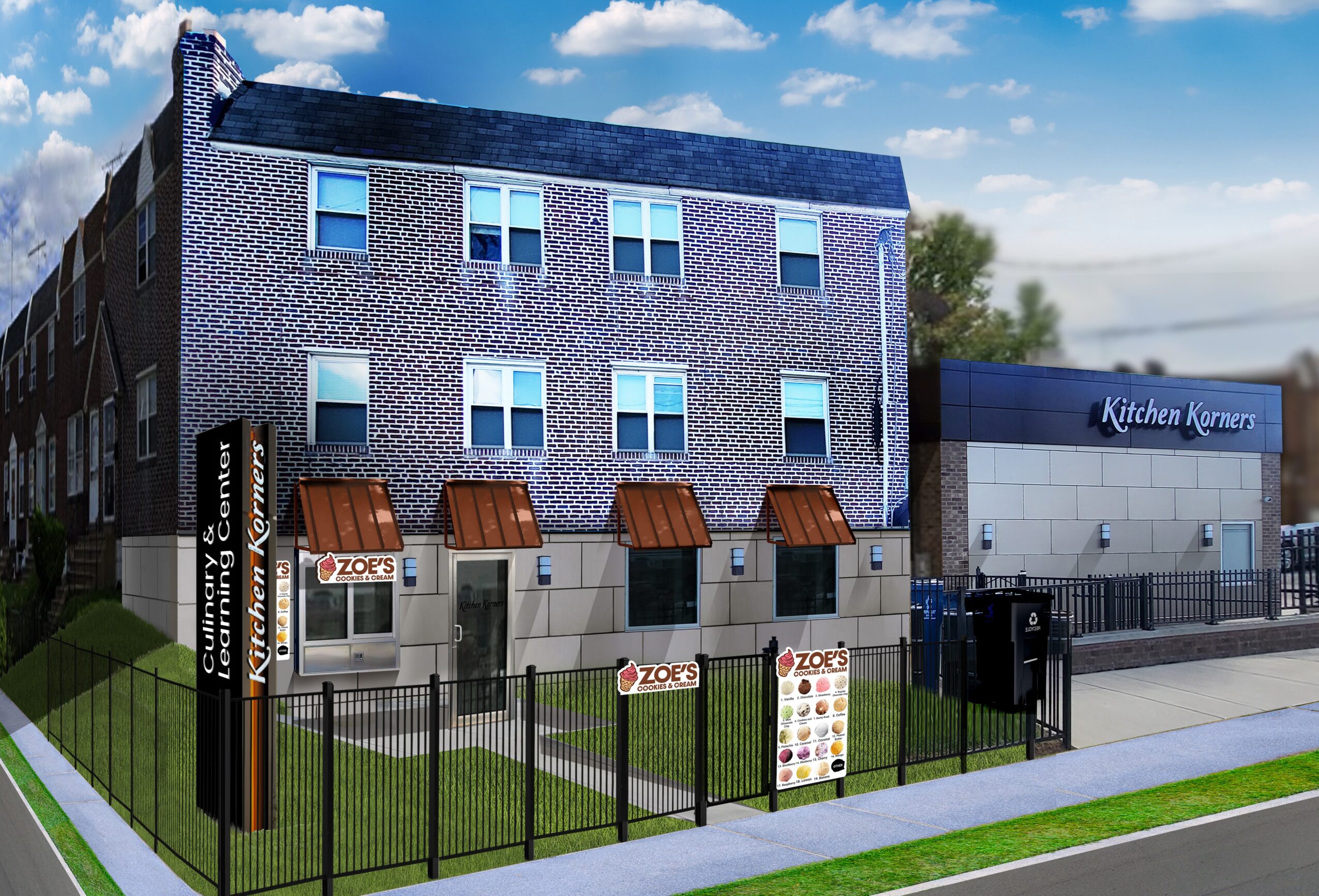 Three small brown-roofed structures in front of a brick building with multiple windows, fenced yard, and a sign for a kitchen store.