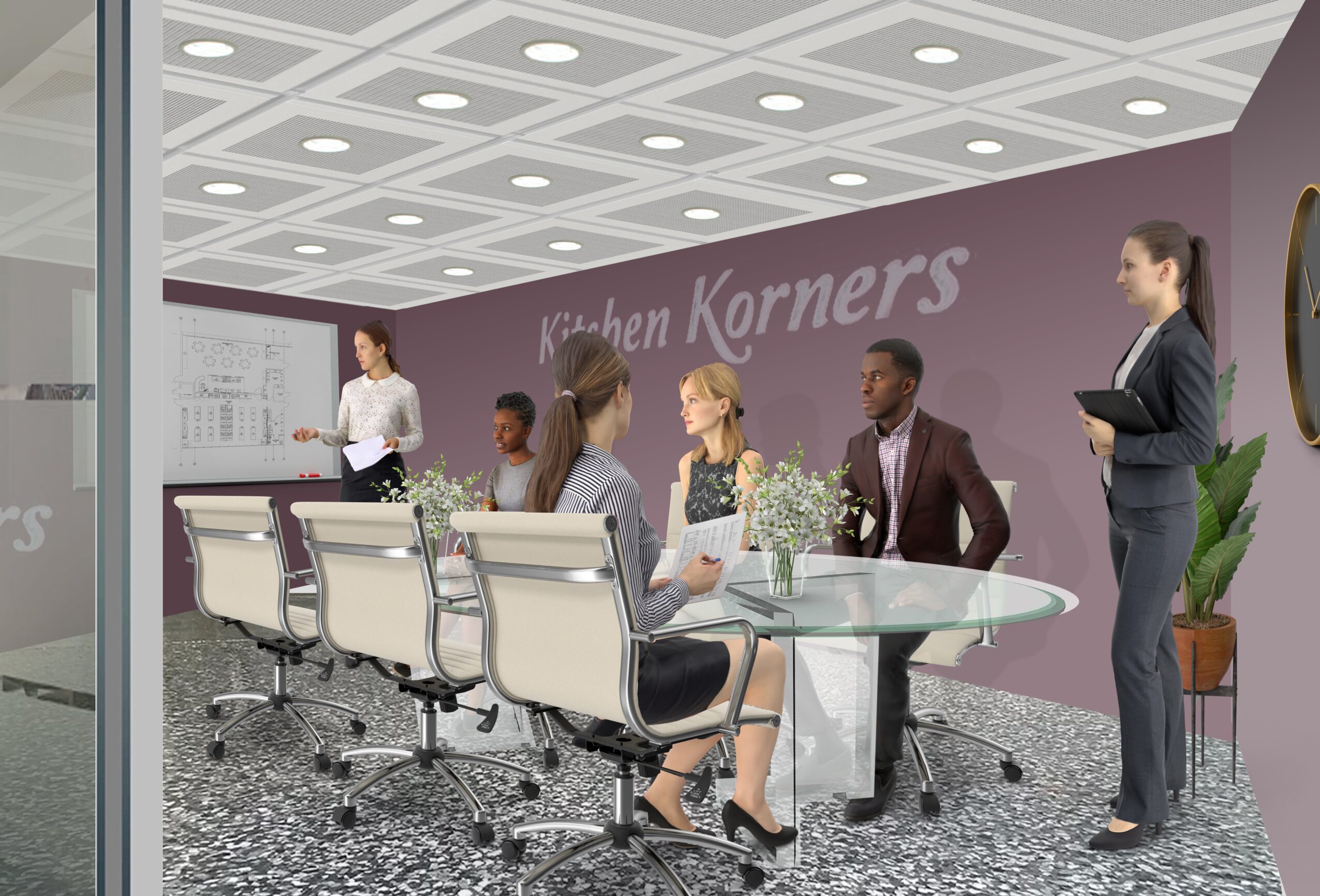 Five people seated at a conference table in a room with a purple wall reading 'Kichen Korners', and a woman standing with a notepad.
