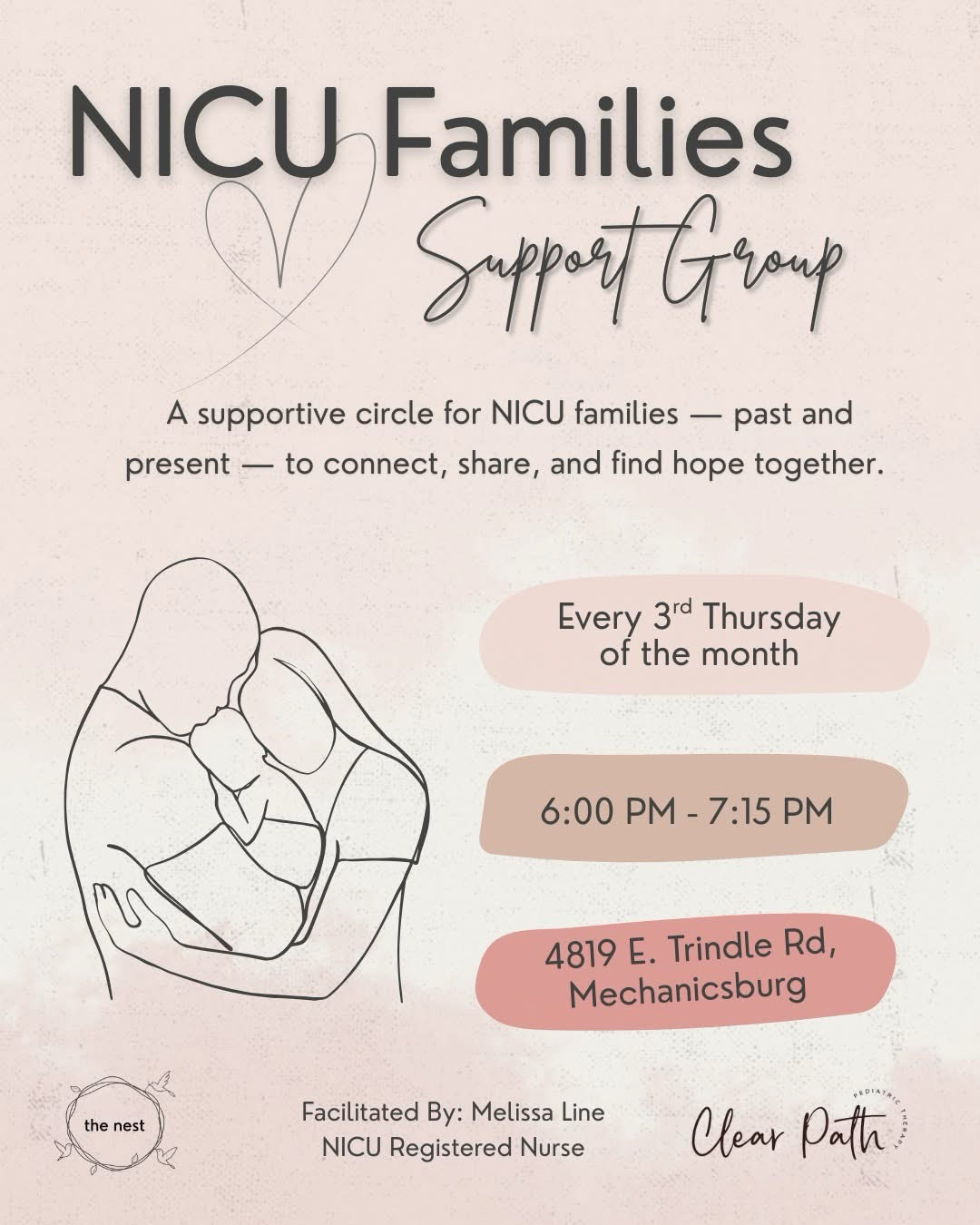 NICU Families Support Group flyer with text, a line drawing of a person holding a baby, and event details.