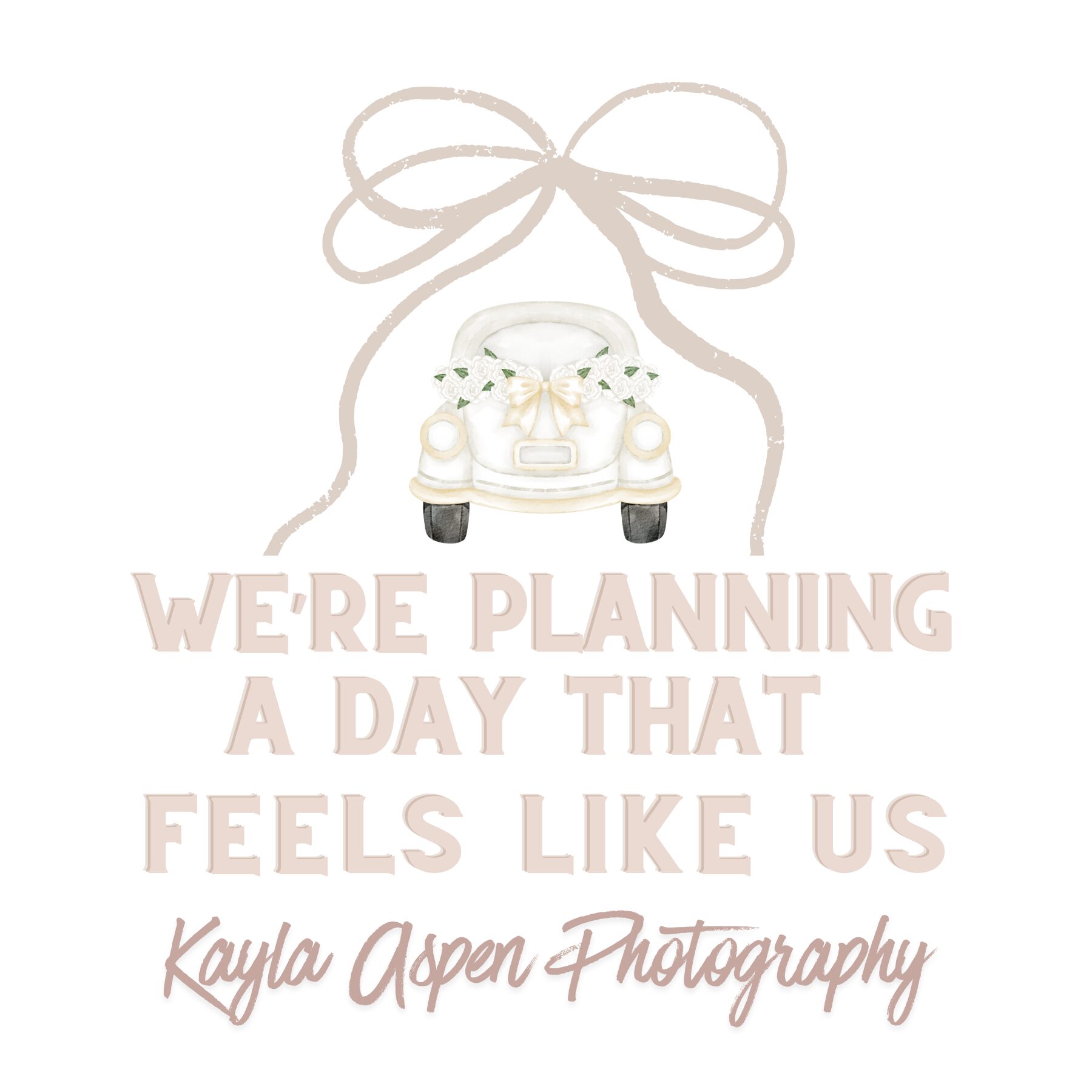 Text with a bow illustration, announcing a planned special day, and a photography business name, in soft pastel colors.