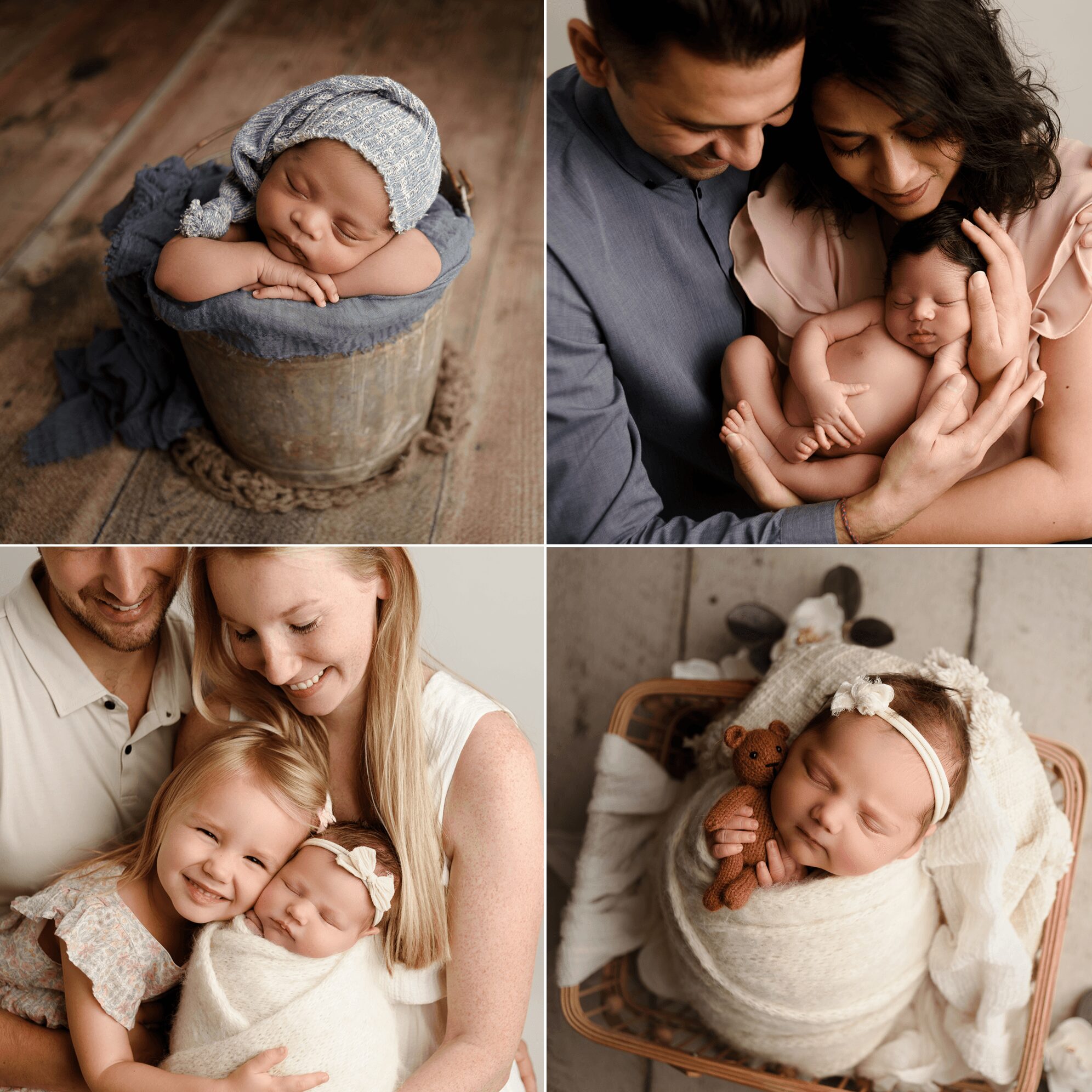 Four babies, one in a bowl, one with parents, one with a woman, and one wrapped in a blanket, all sleeping.
