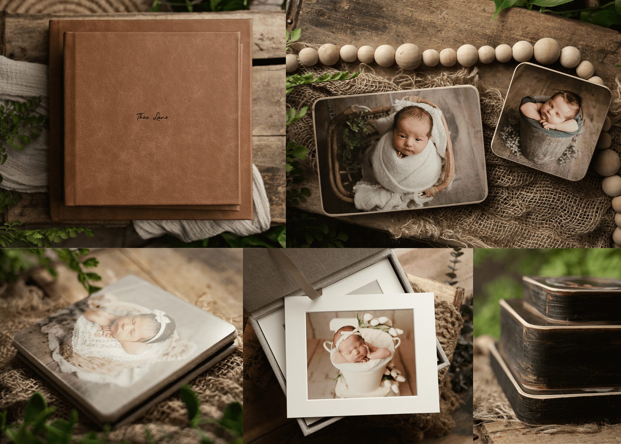 Photo album, baby photos, and stacked boxes on textured surfaces, with natural greenery in the background.