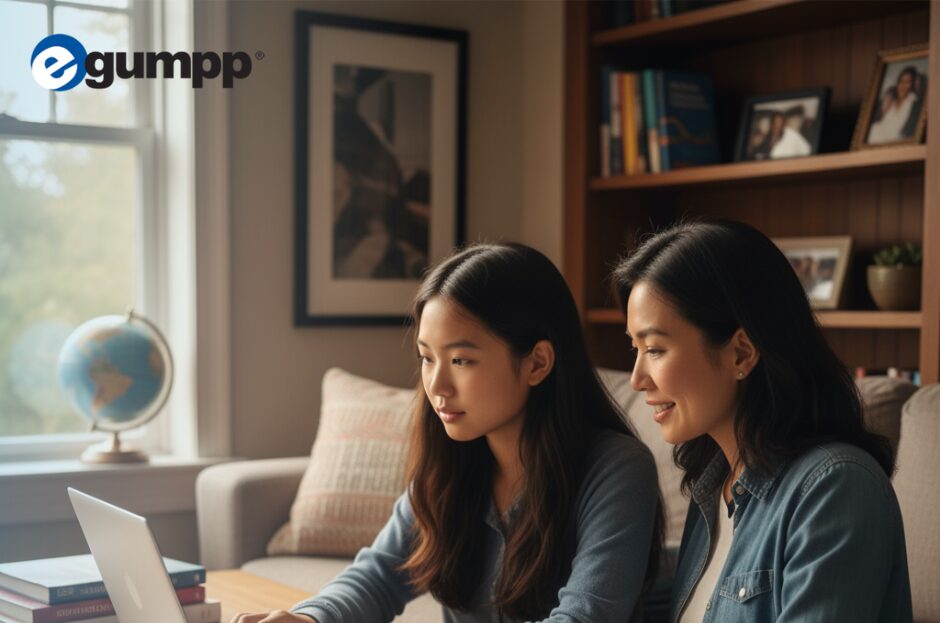 Two women sit at a table using a laptop in a cozy room with a bookshelf and window.