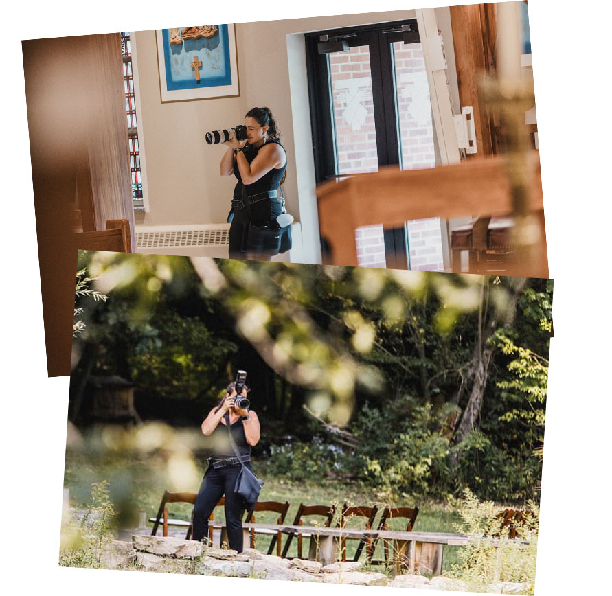 Two people taking photographs outdoors, surrounded by trees and benches, one with a camera and the other with a camera lens.