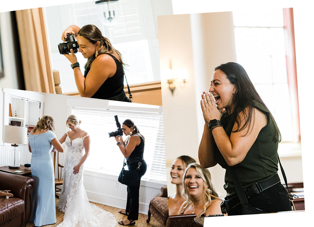 Woman taking photos at a wedding, two women in wedding dresses, and two women smiling and laughing indoors.