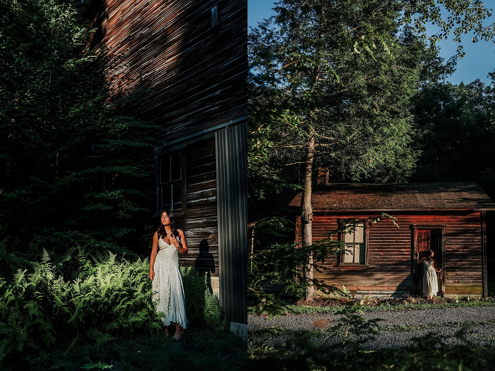 Two women in dresses near wooden buildings with trees and greenery, sunlight casting shadows, one woman sitting on a bench.