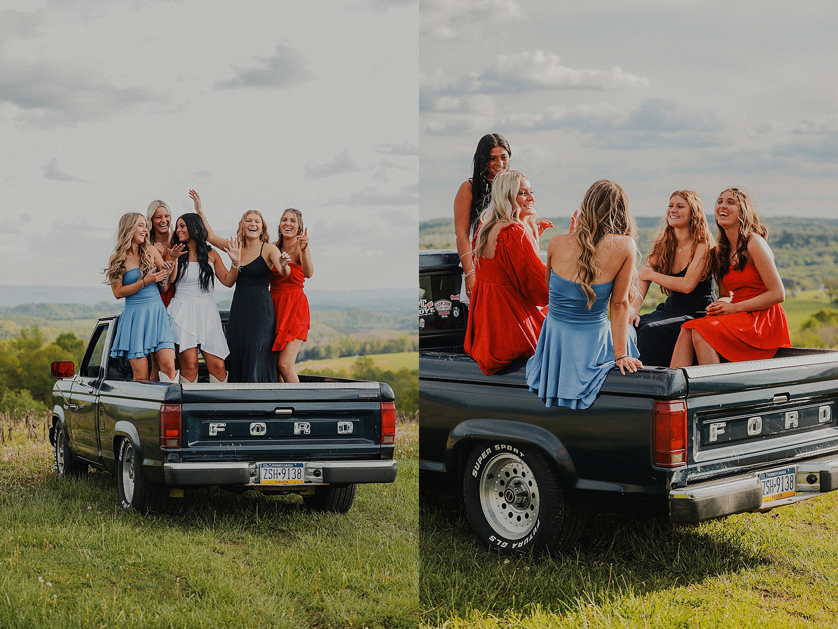 Group of women sitting and standing on the back of two pickup trucks outdoors, with a landscape and cloudy sky in the background.