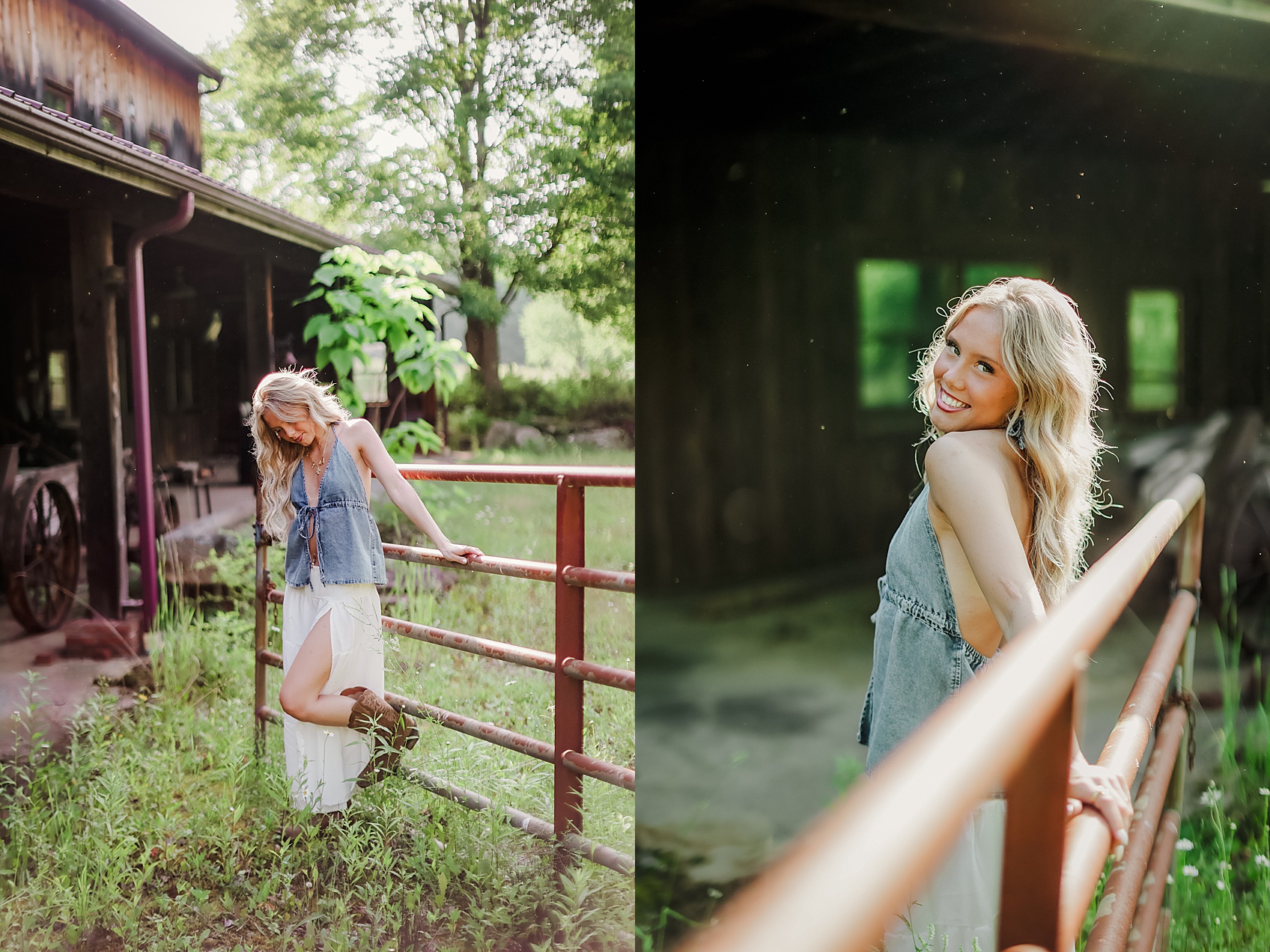 Split image of a woman with blonde hair outdoors, one side shows her standing near a fence, the other side shows her smiling inside a barn.