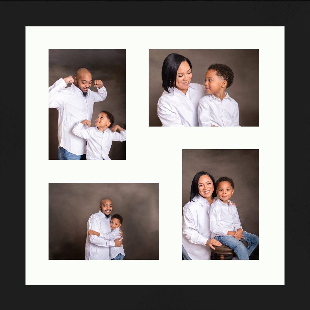 Four photos of a woman and a young boy, showing different poses and expressions, against a gray background.