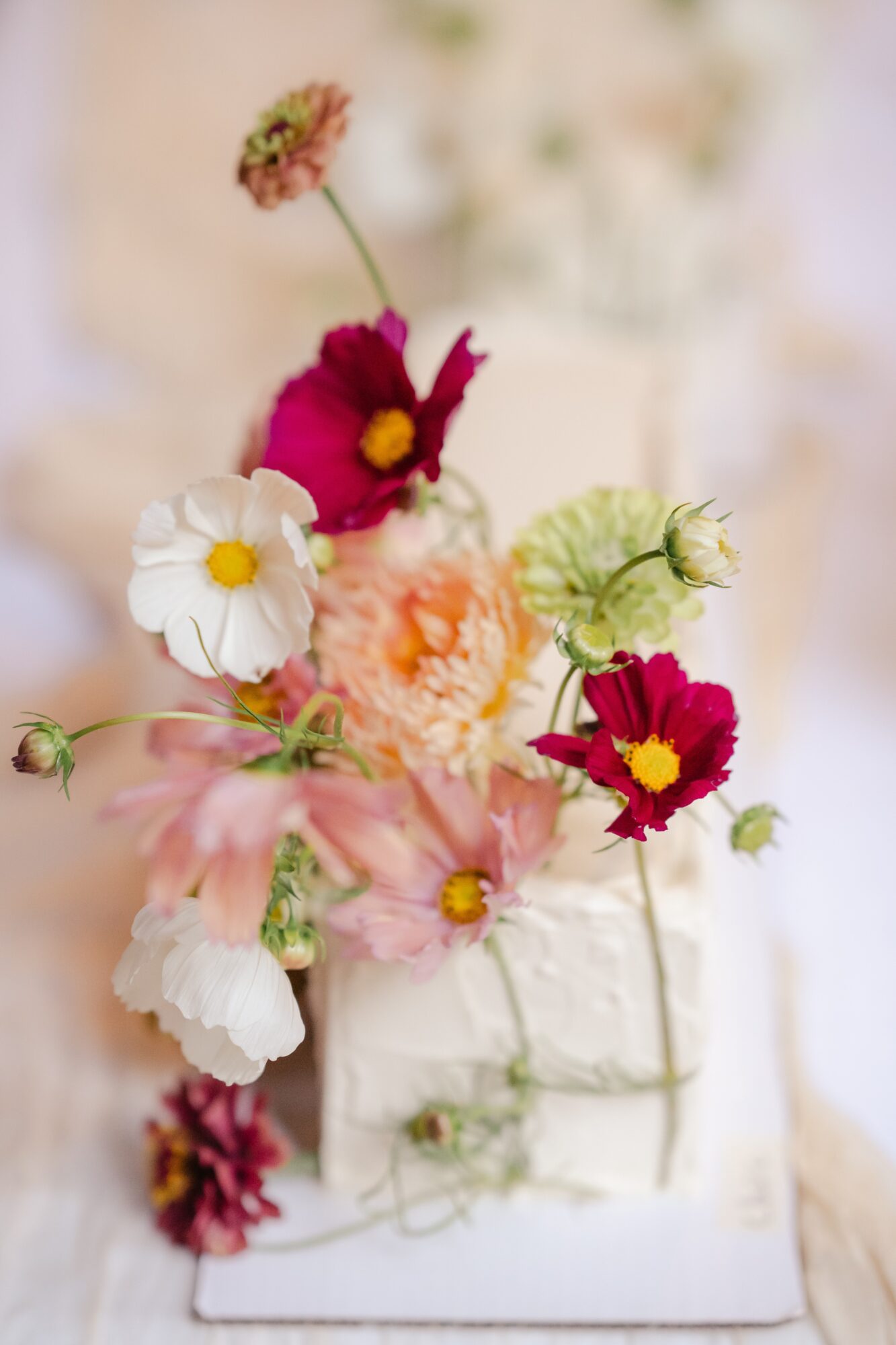 Colorful flowers in a white vase with pink, white, and red blooms, on a light surface.