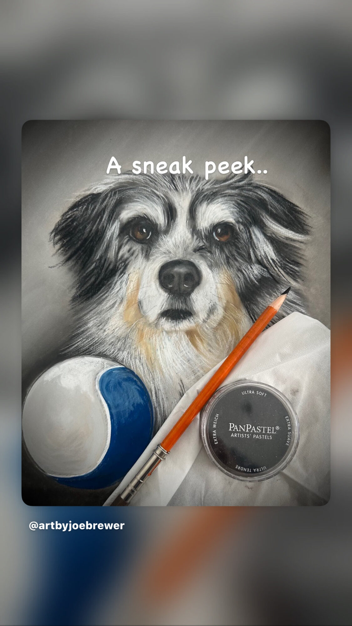 A realistic drawing of a dog with a paintbrush, paint palette, and paint container, with the text 'A sneak peek..'