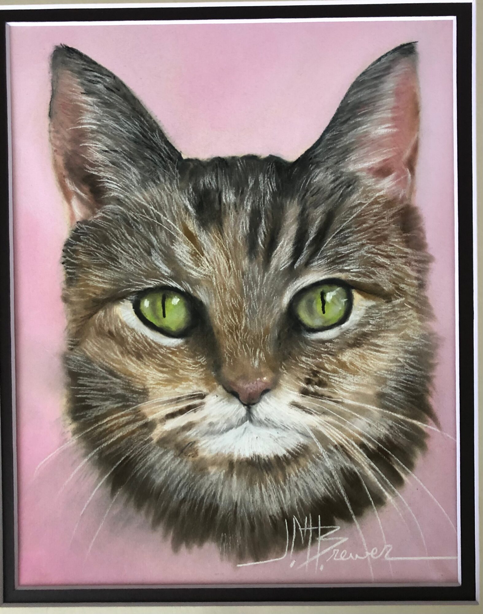 Close-up of a cat's face with green eyes, pink background, framed, signature at bottom right.