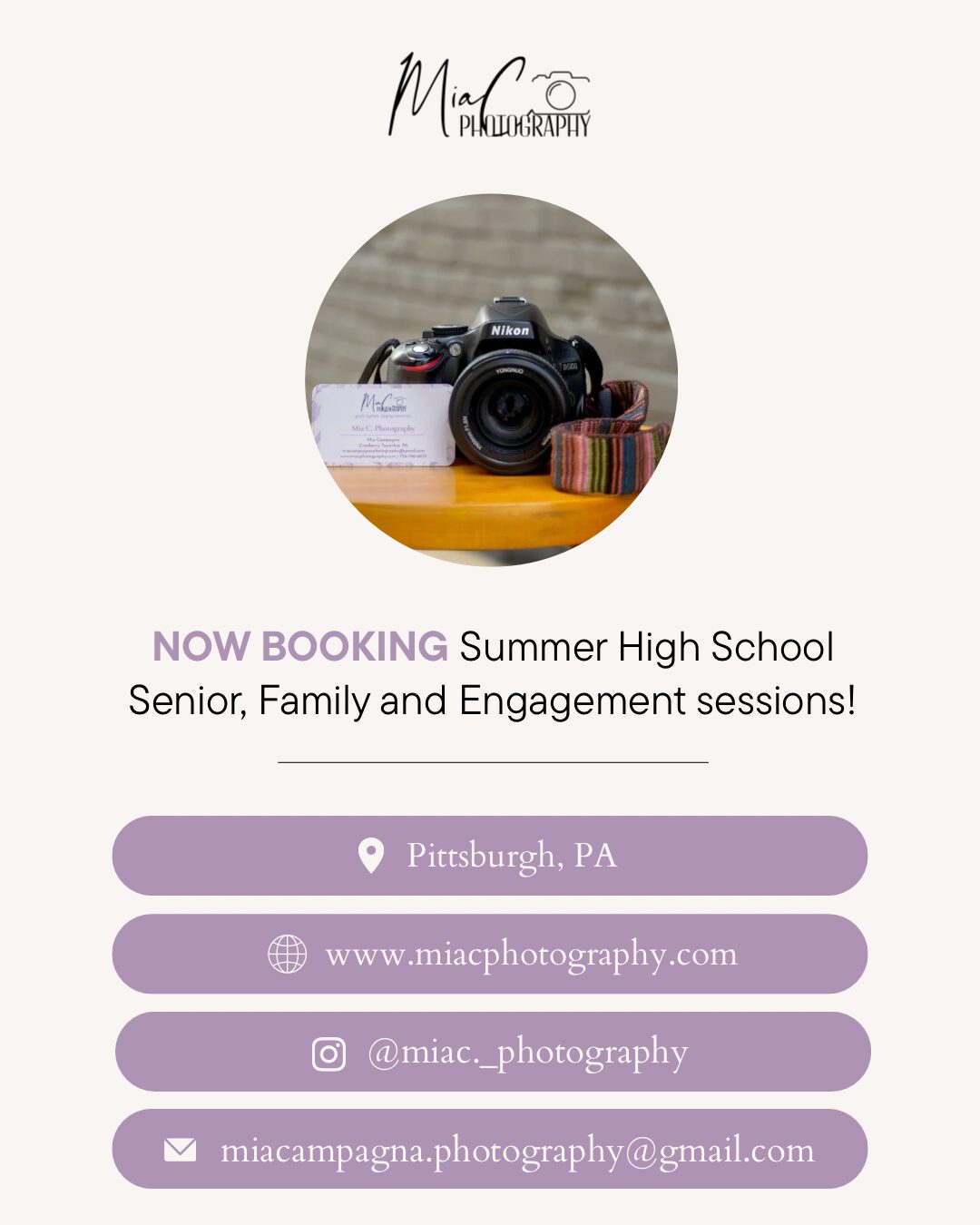 Promotional flyer for summer high school photography sessions, featuring a camera, gift box, and text with contact details.