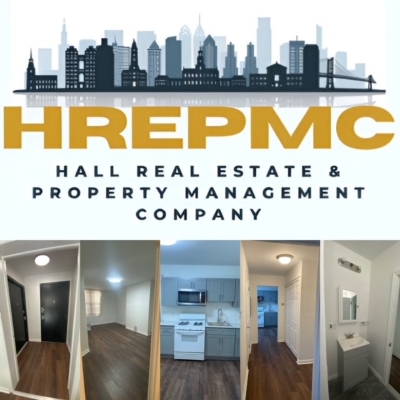 City skyline with bridge, text 'HREPMC' and company name, interior photos of hallway, kitchen, and bathroom, neutral colors, hardwood floors.