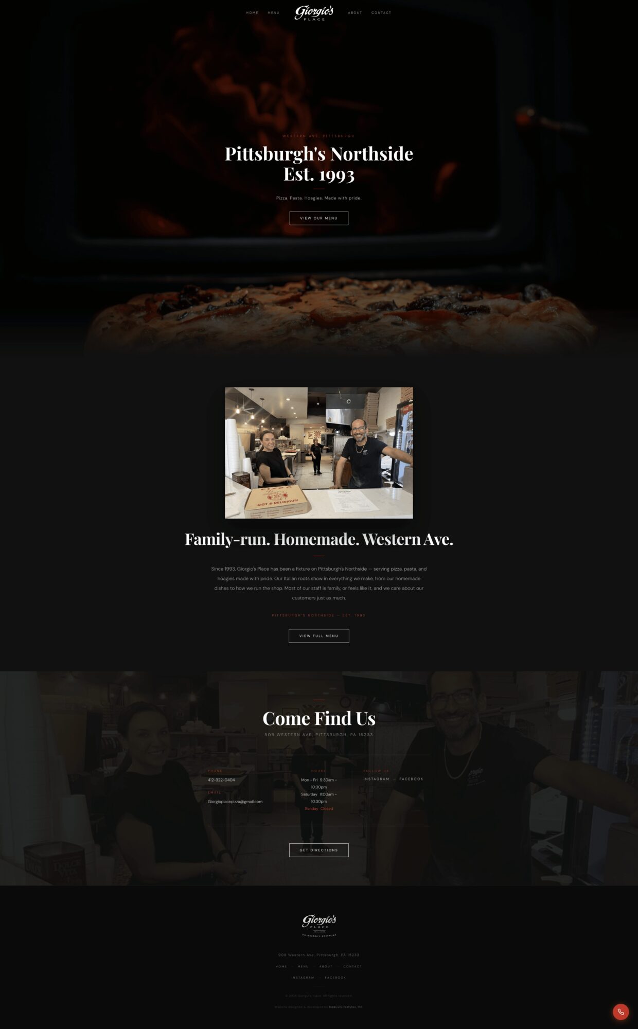 Website homepage with text about Pittsburgh's Northside, family photos, and a call to find location.