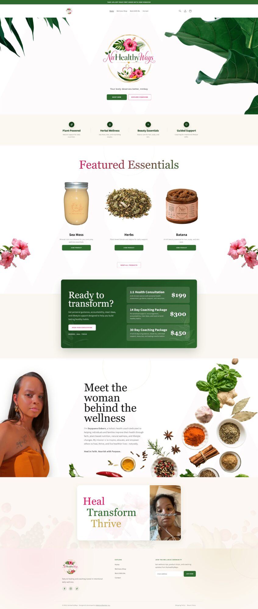 Website homepage with green leaves, featured products, a woman, and wellness items, with pink flowers and text sections.