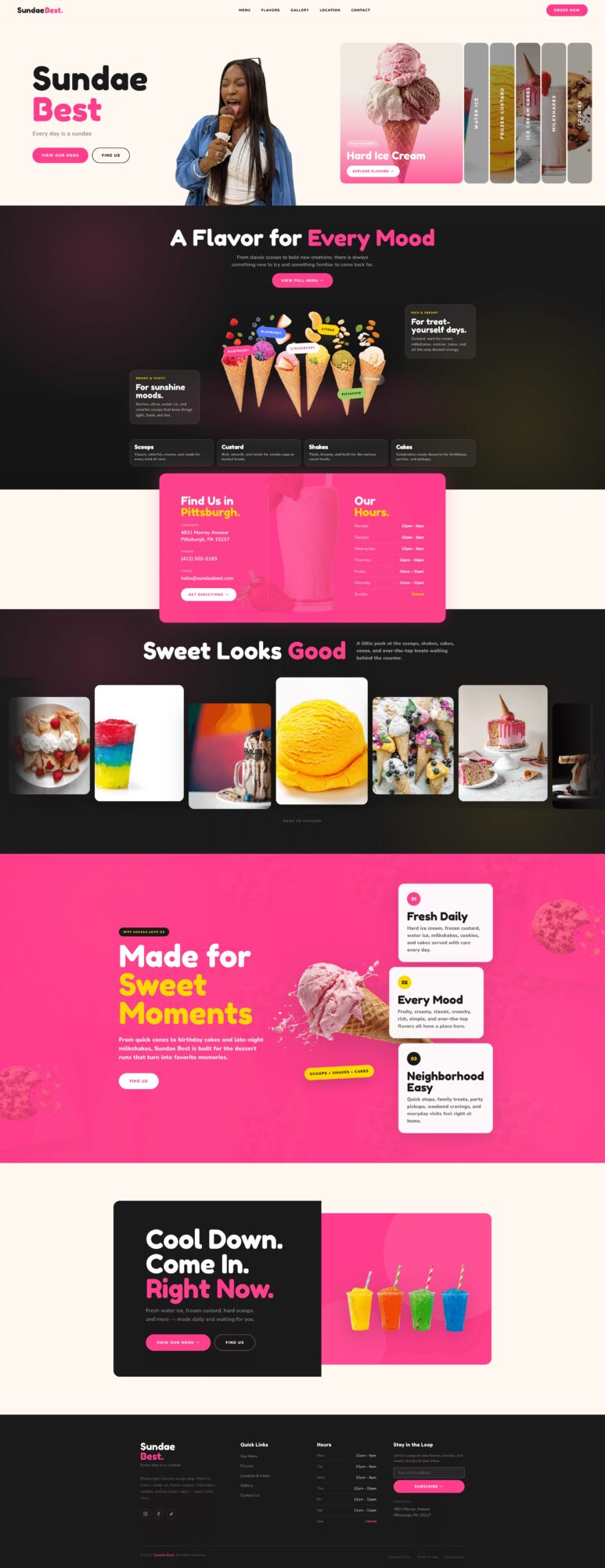 Screenshot of a colorful website with sections for ice cream flavors, reviews, and promotional content, featuring pink, black, and white colors.