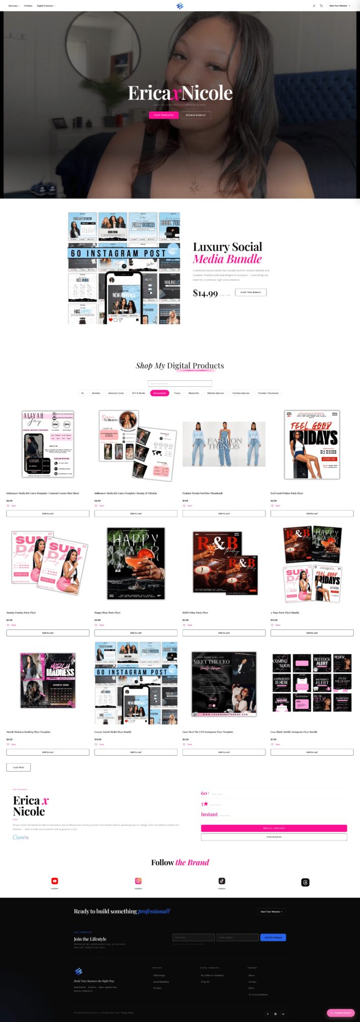 Screenshot of a webpage featuring a woman with long dark hair, text overlays, and various product images.