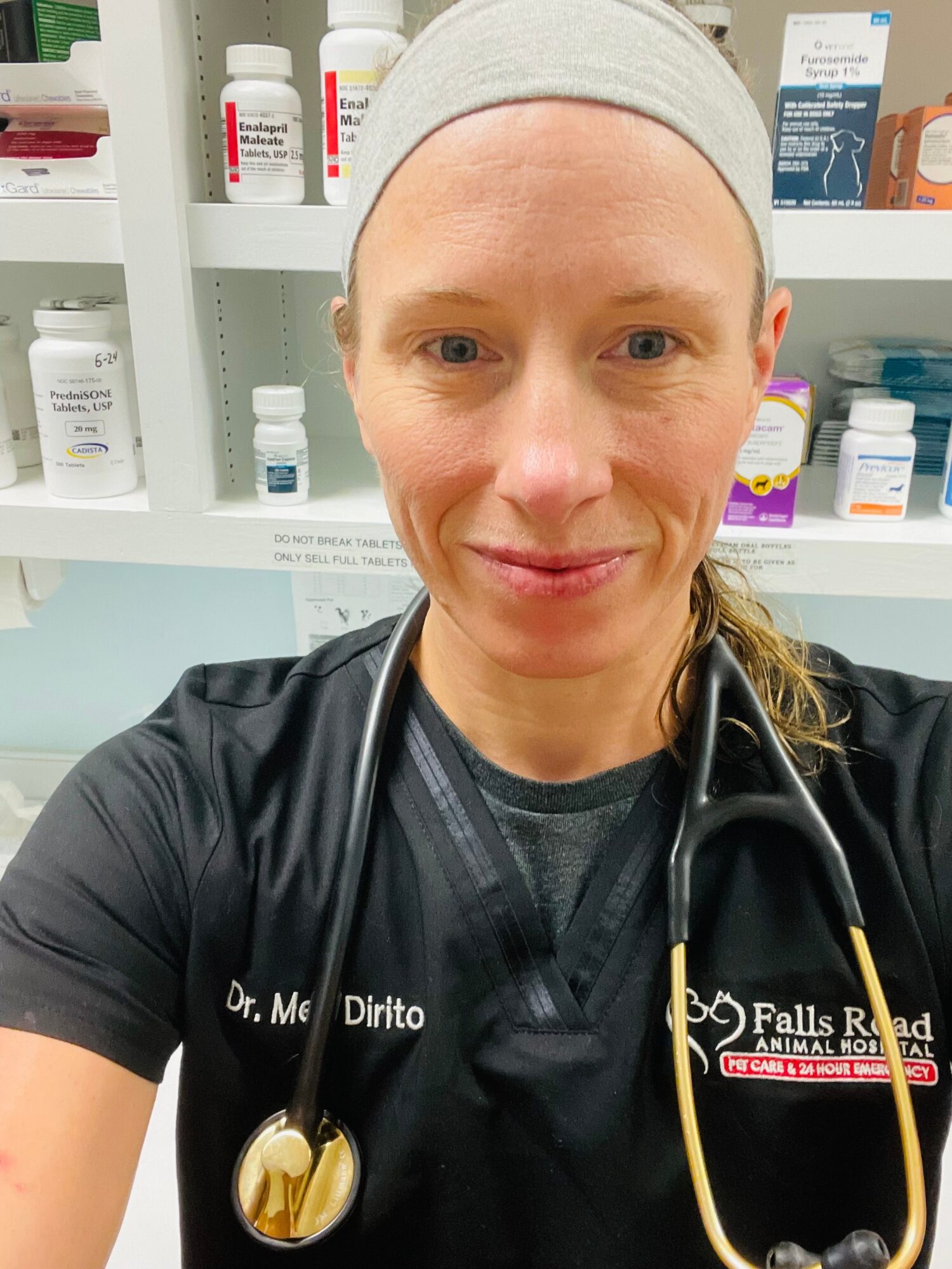 Female veterinarian in scrubs with stethoscope, smiling, in a veterinary clinic with shelves of medication behind her.
