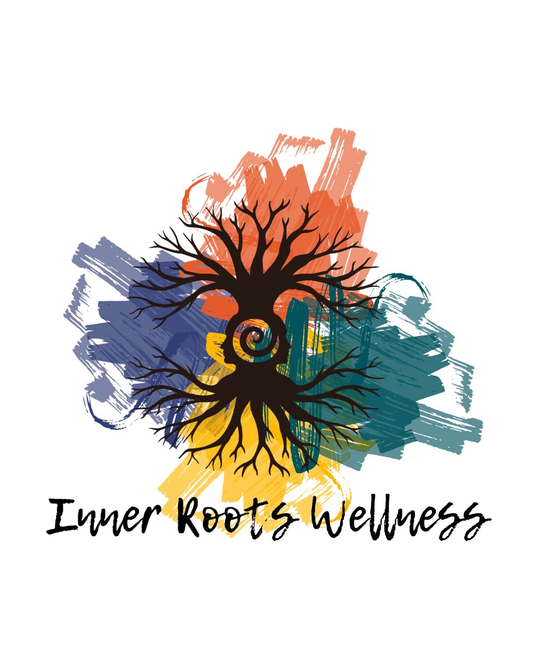 Tree with colorful branches and roots, surrounded by abstract shapes, with text 'Inner Roots & Wellness' below.