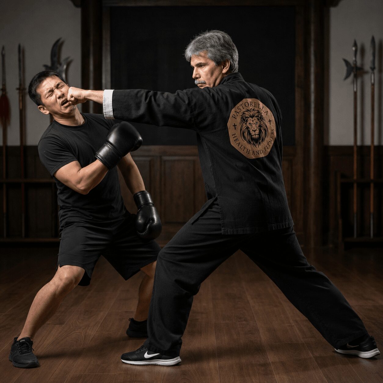 A martial arts instructor delivers a punch to a student in a dojo, both wearing black clothing and gloves.