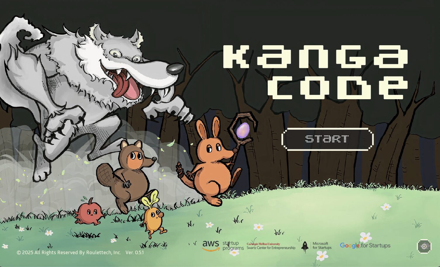 Animated game start screen with a wolf, rabbit, squirrel, and two small creatures in a forest setting.