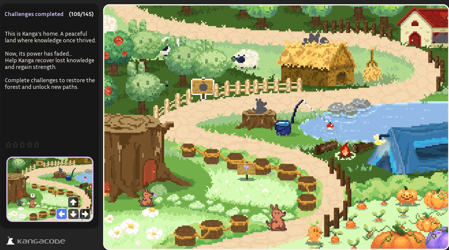 Colorful farm scene with animals, pond, trees, and a thatched barn, featuring a winding path and lush greenery.