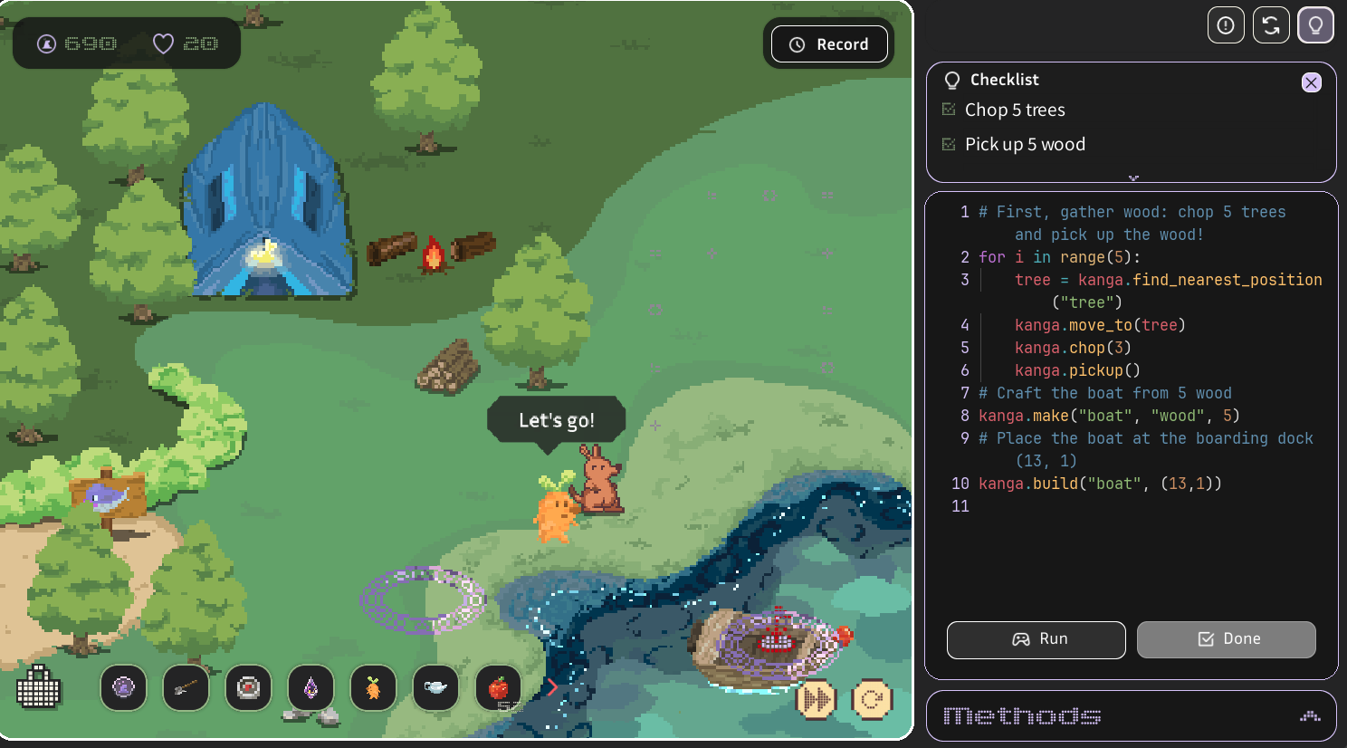 A pixel art scene with a blue cave, trees, a river, and two characters near a boat, with a speech bubble saying