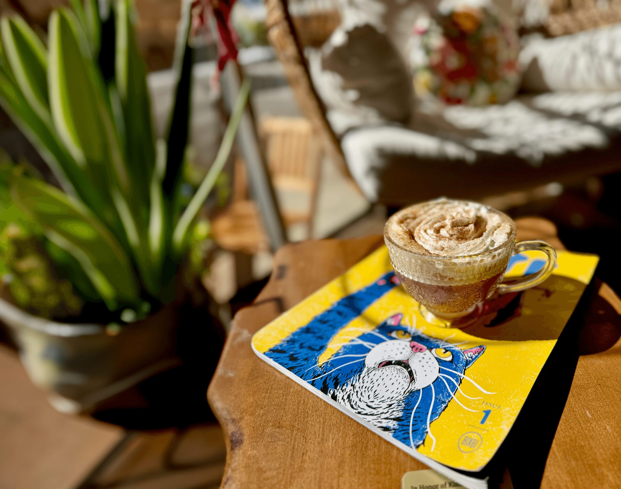 Cup of coffee on a colorful tray with a peacock design, on a wooden table near a plant and outdoor furniture.