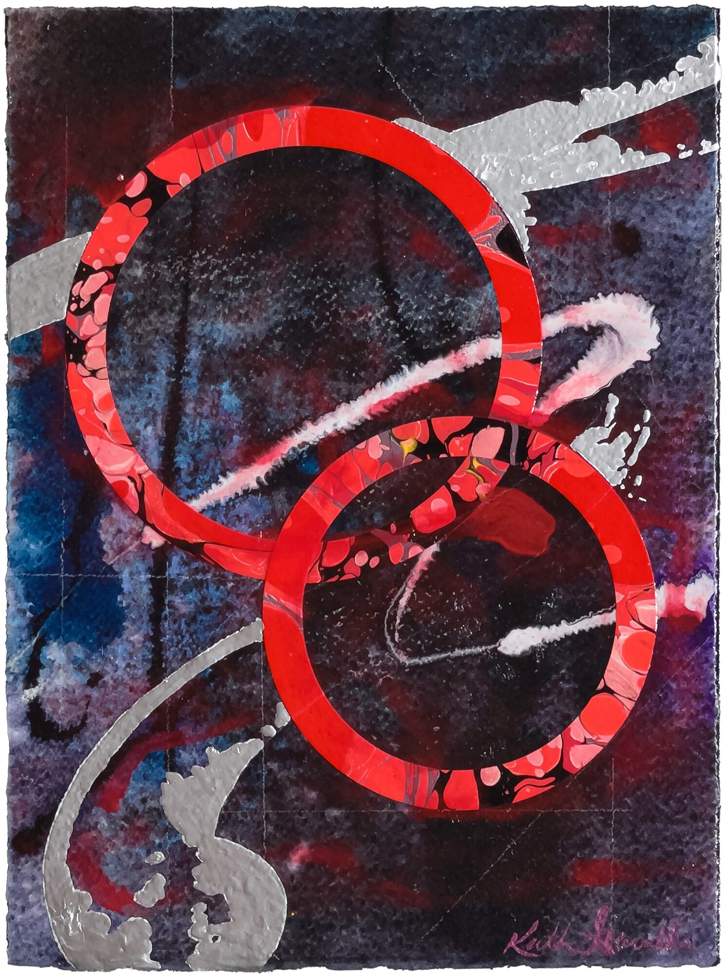 Abstract artwork with two red circular shapes overlapping, dark background with splashes of blue, white, and gray, and textured surface.