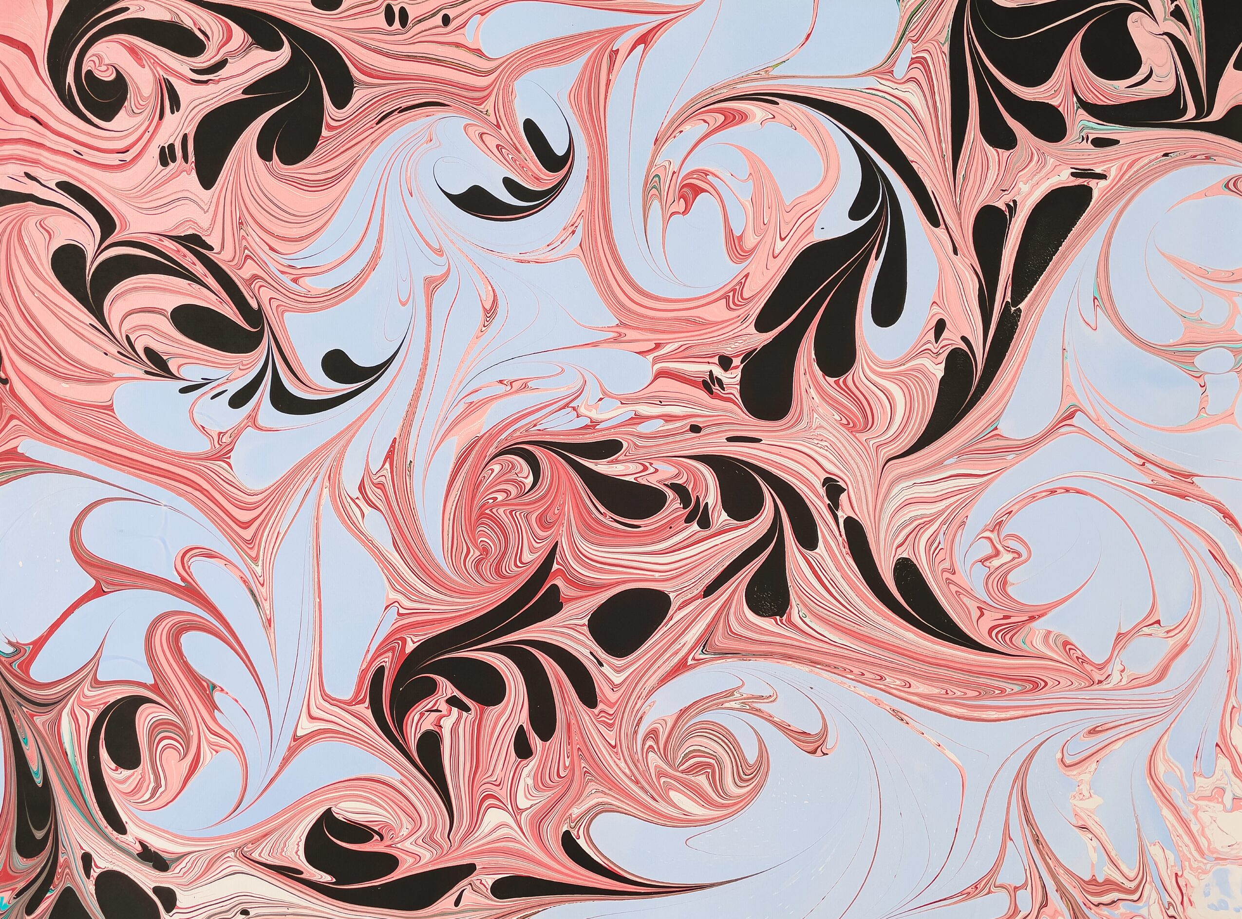 Abstract swirling pattern with pink, black, and light blue colors.