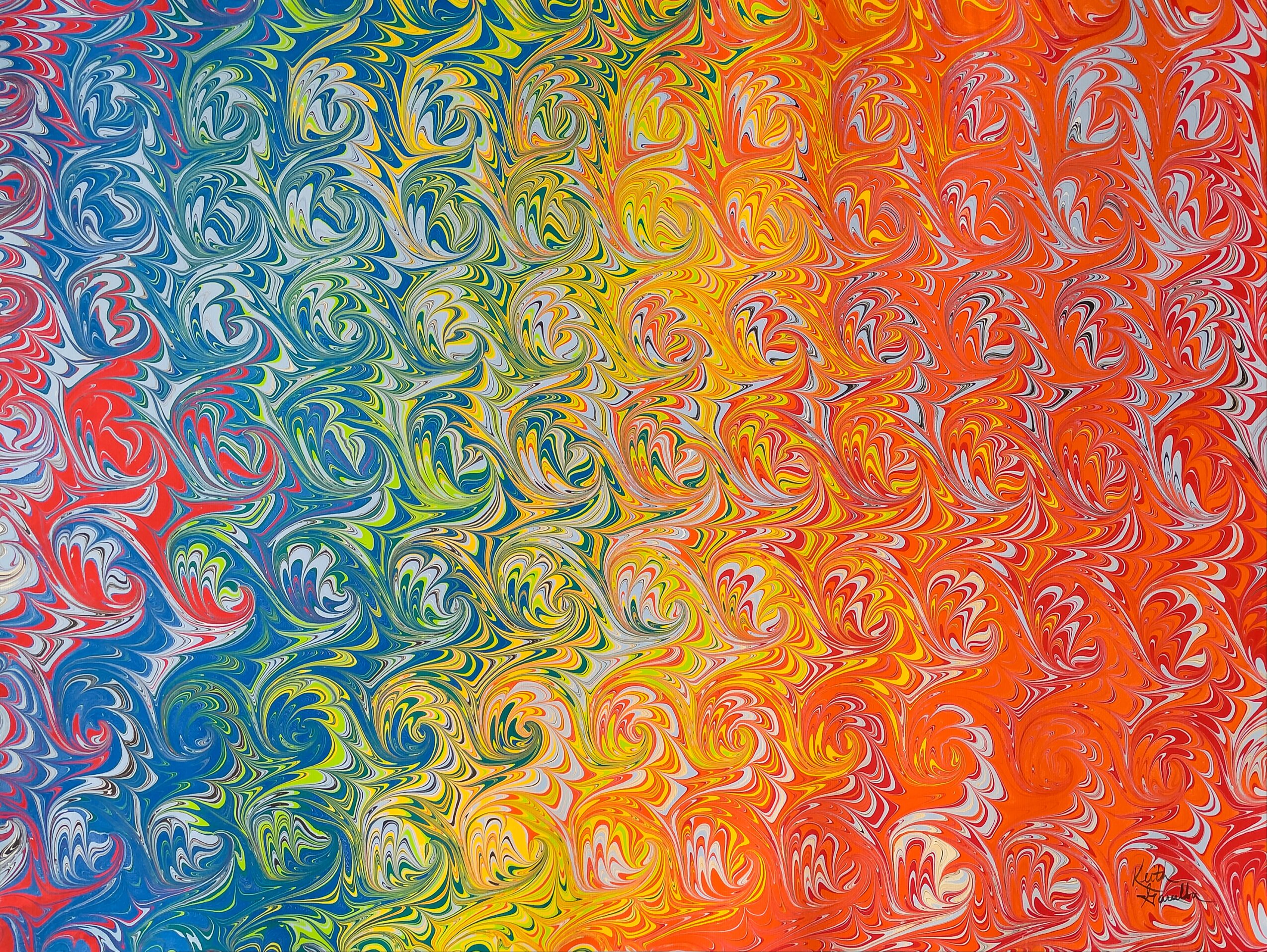 Colorful marbled pattern with swirls in blue, green, yellow, orange, and red hues.