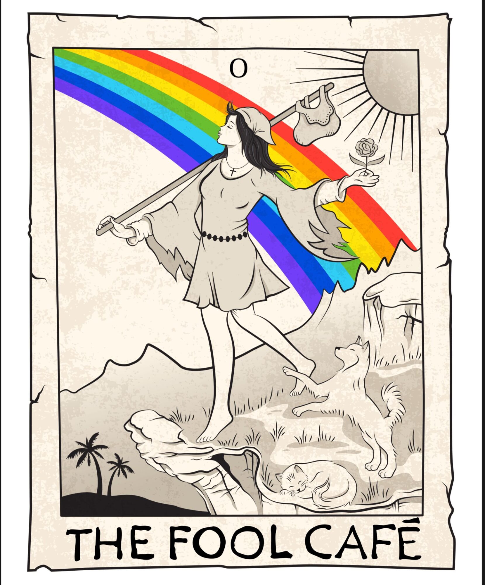 A person with long hair and a robe plays a flute, standing on a rock with a rainbow background, a dog nearby, and a sun in the sky.