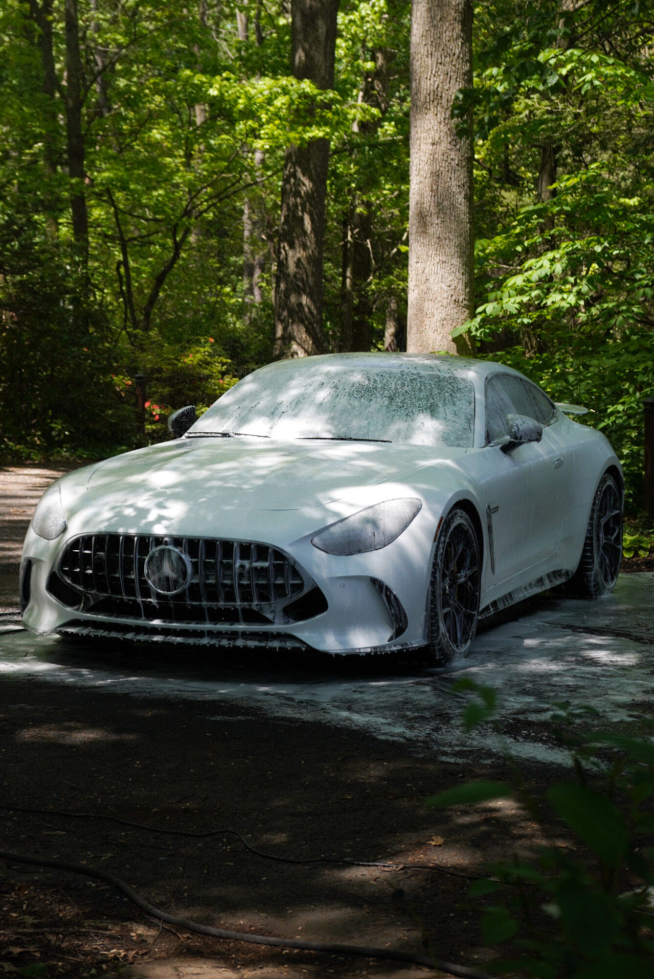 White sports car parked on a forest path with green trees in the background.
