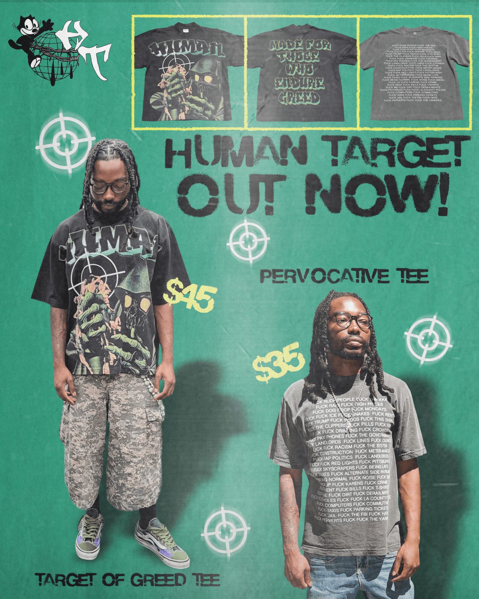 Two men with dreadlocks and glasses stand against a green background with target symbols and text, wearing graphic T-shirts. Word count: 20
