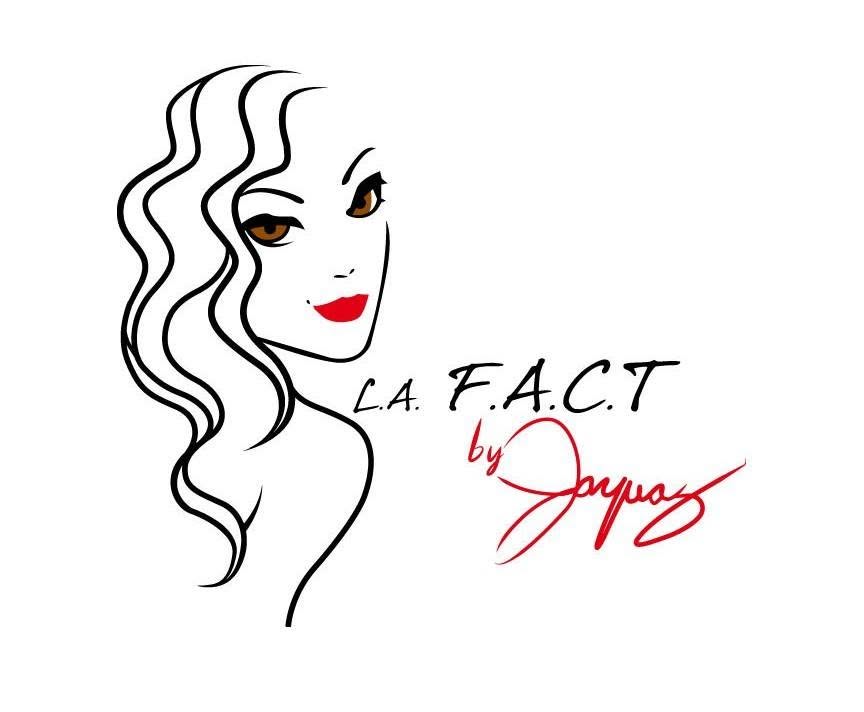 Stylized illustration of a woman with wavy hair, red lips, and a confident expression, with text reading 'L.A. F.A.C.T by Jeyas'.