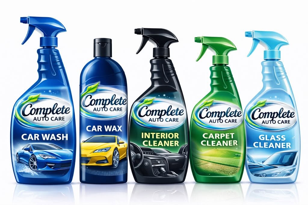 Five cleaning spray bottles labeled car wash, car wax, interior cleaner, carpet cleaner, and glass cleaner, arranged in a row.