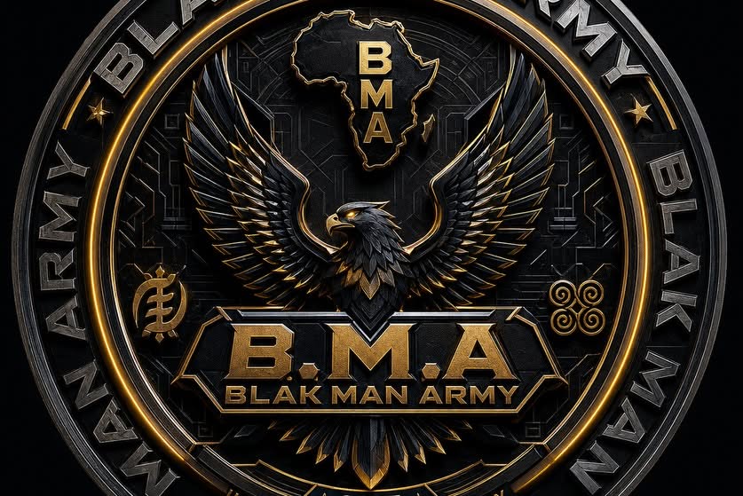 Emblem with eagle, text 'B.M.A' and 'Blak Man Army', surrounded by a circular border with 'ARMY' and 'BLACK MAN ARMY'.