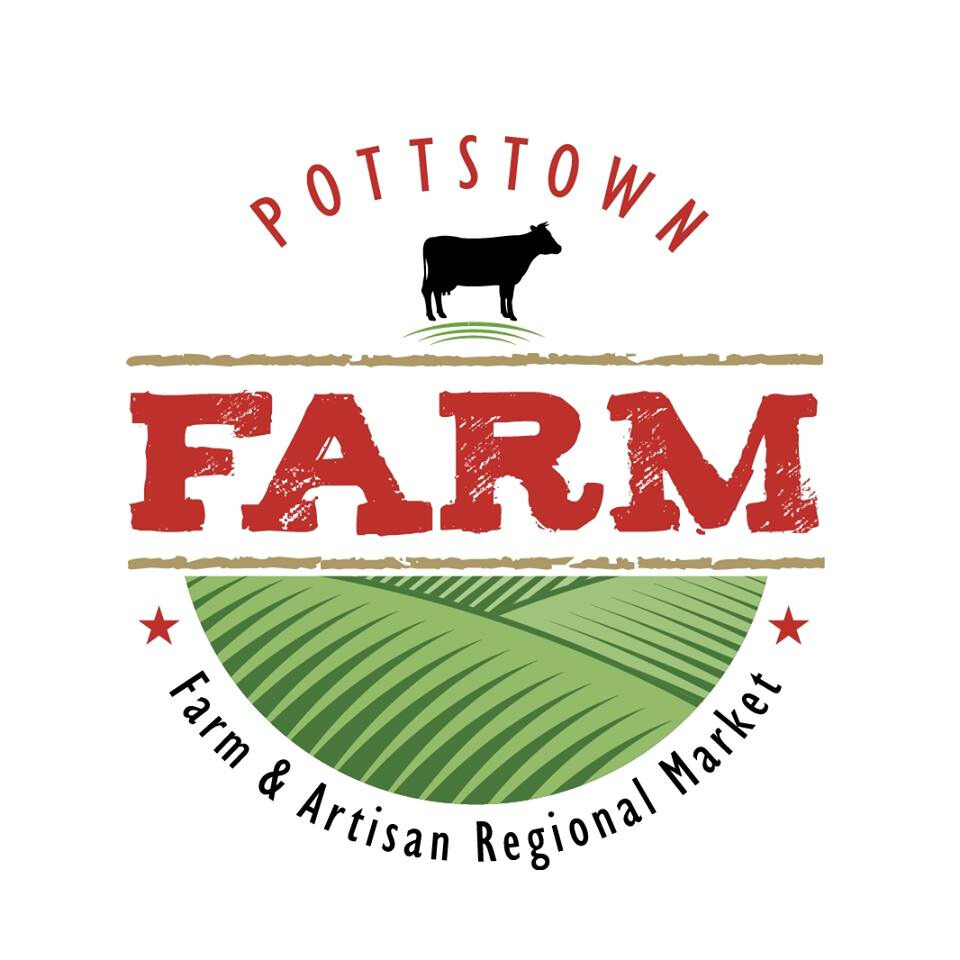 Logo with a cow silhouette, farm field, and text for Pottstown Farm and Market, 20 words, confidence 0.95