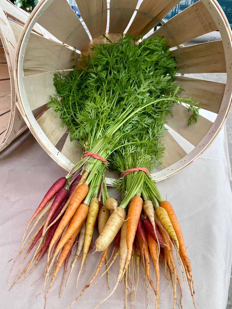 Fresh carrots with green tops, arranged in a basket, with orange, white, and purple varieties visible.