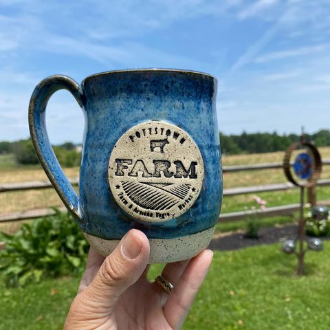 Hand holding a blue ceramic mug with a farm logo outdoors, green grass and a blue sky in background.