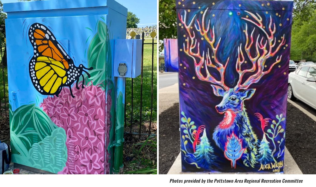 Two painted murals: one with a butterfly on pink flowers and green leaves, the other with a colorful deer with antlers, background with plants.