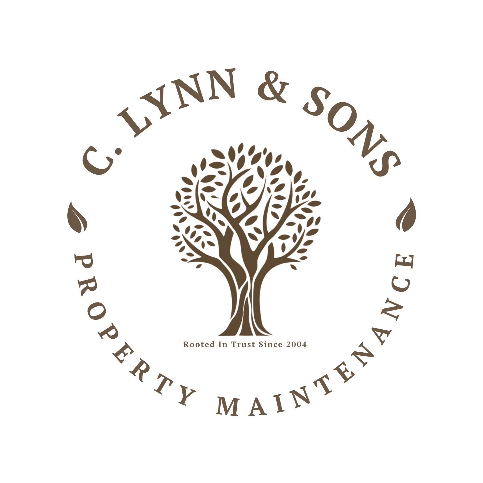 Logo with a tree illustration, text reading 'C. Lynn & Sons Property Maintenance,' and a tagline 'Rooted in Trust Since 2004.'